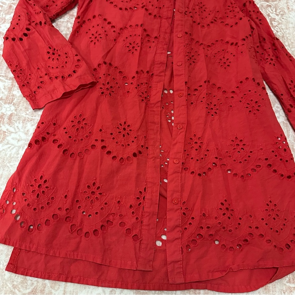 Eyelet 100% Cotton Red Button Up Top - Picture 2 of 10